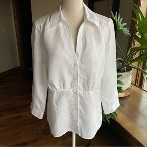 Talbots Pure Irish Linen White Button-Up Top With Gathered Detail size 14
